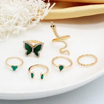 Green Butterfly Crystal Snake Shape Ring Set